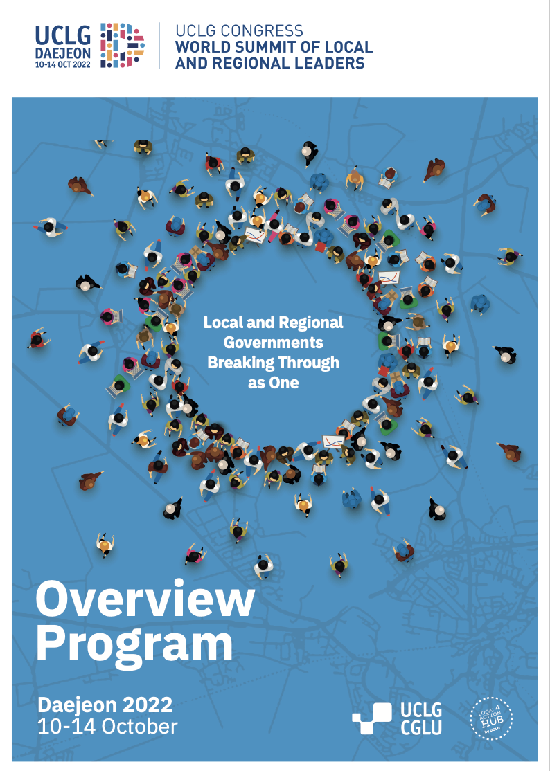 Image of cover program in english with background image perople making a circle