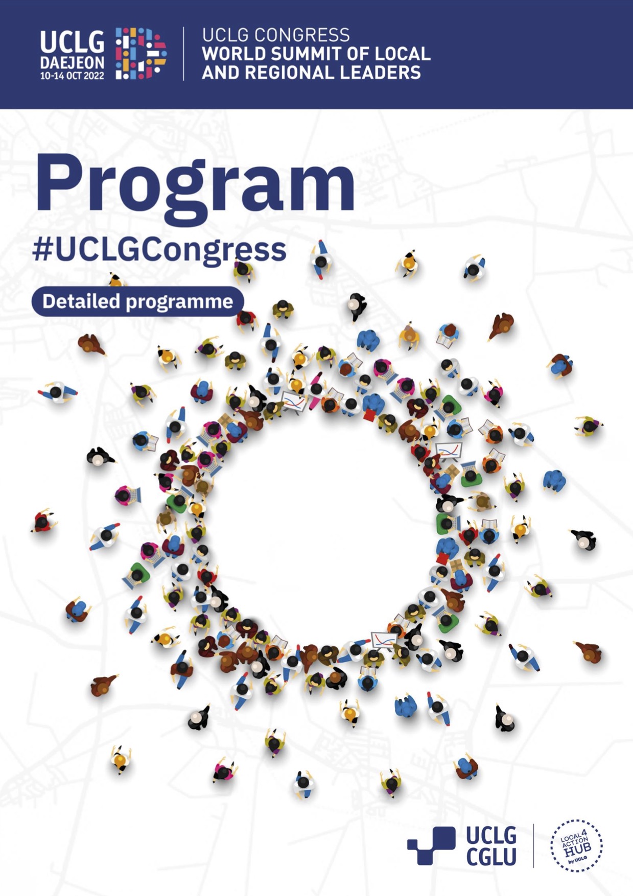 Image of cover program in english with background image perople making a circle